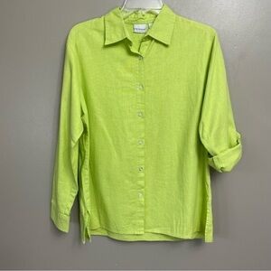 Kim Rogers Women’s Medium Linen Button Shirt Long Sleeve Yellow Green Linen